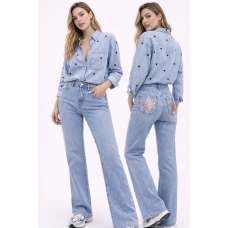 Γυναικείο Τζιν Παντελόνι Straight Fit με Strass & Αστεράκια – Denim Blue